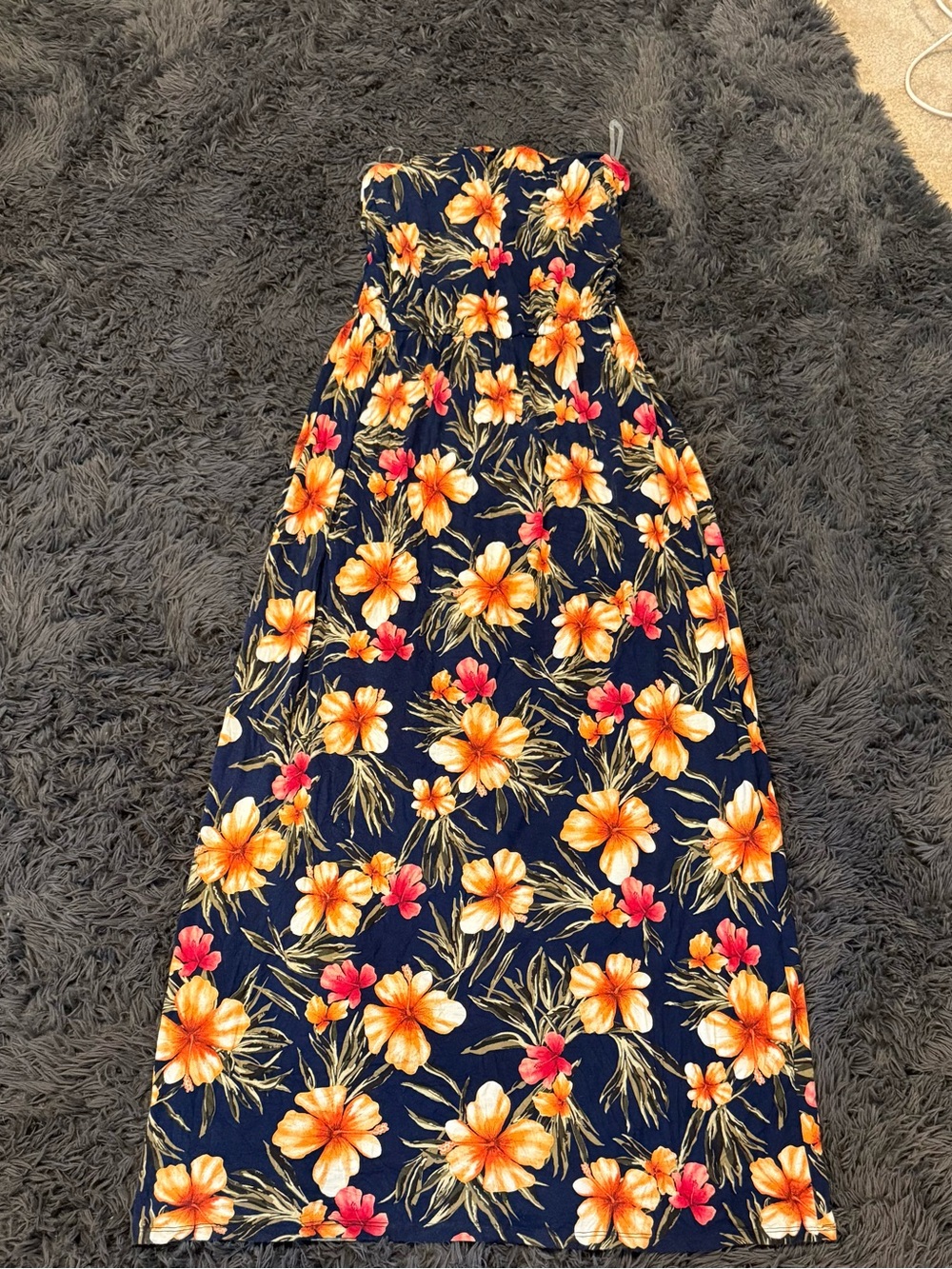 Strapless Navy Maxi Dress with Orange & Pink Floral Print